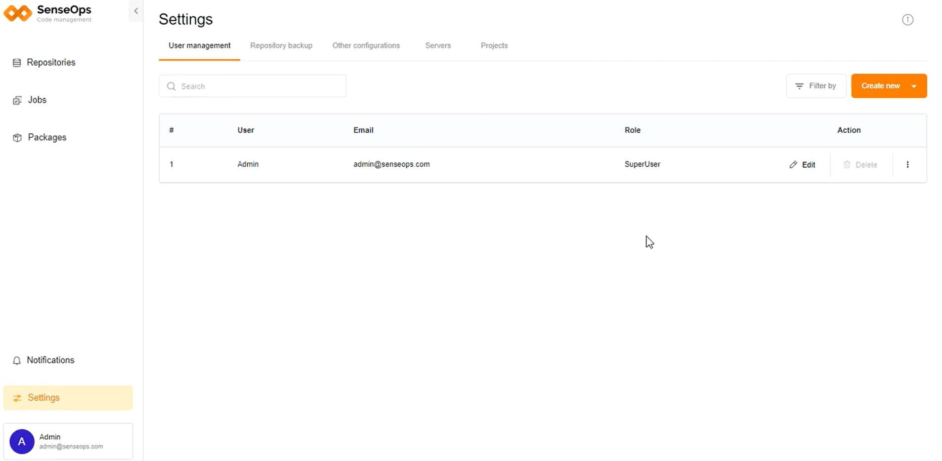 screenshot of SenseOps Code Management
